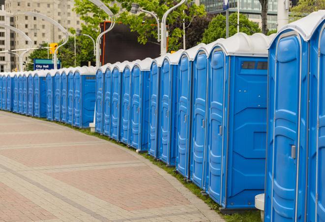 a row of sleek and modern portable restrooms at a special outdoor event in Azusa